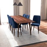 Adira (Xlarge - Walnut) Dining Set With 6 Evette (Blue Velvet) Dining Chairs