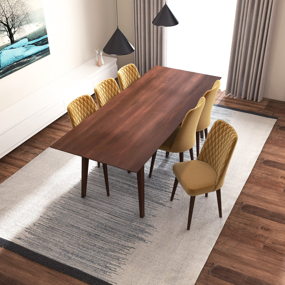 Adira (Xlarge - Walnut) Dining Set With 6 Evette (Gold Velvet) Dining Chairs