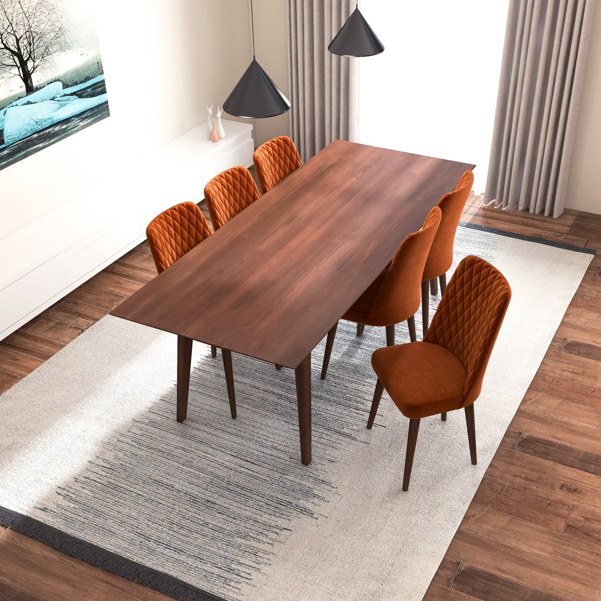 Adira (Xlarge - Walnut) Dining Set With 6 Evette (Burnt Orange Velvet) Dining Chairs