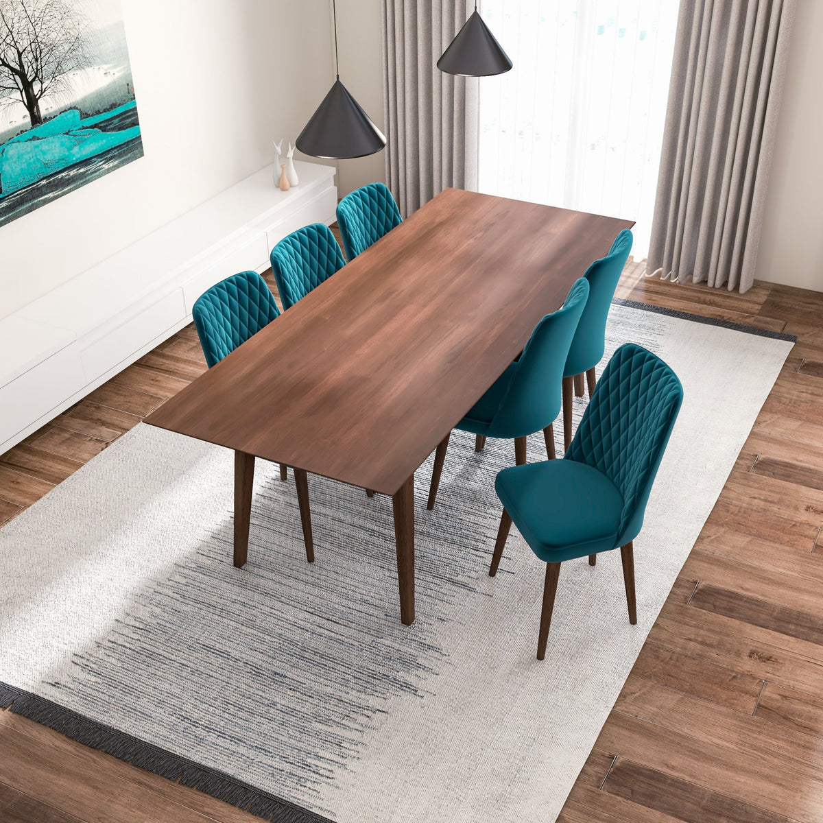 Adira (Xlarge - Walnut) Dining Set With 6 Evette (Teal Velvet) Dining Chairs