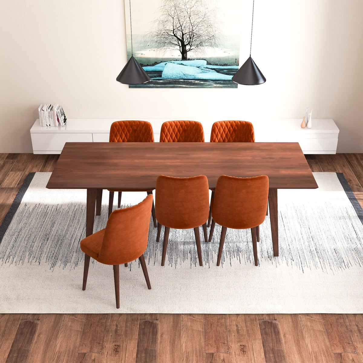 Adira (Xlarge - Walnut) Dining Set With 6 Evette (Burnt Orange Velvet) Dining Chairs