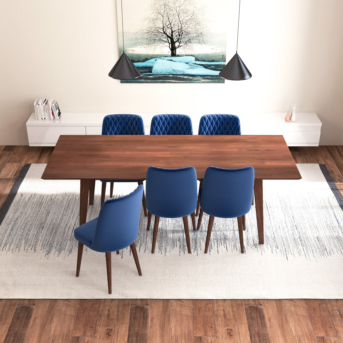 Adira (Xlarge - Walnut) Dining Set With 6 Evette (Blue Velvet) Dining Chairs