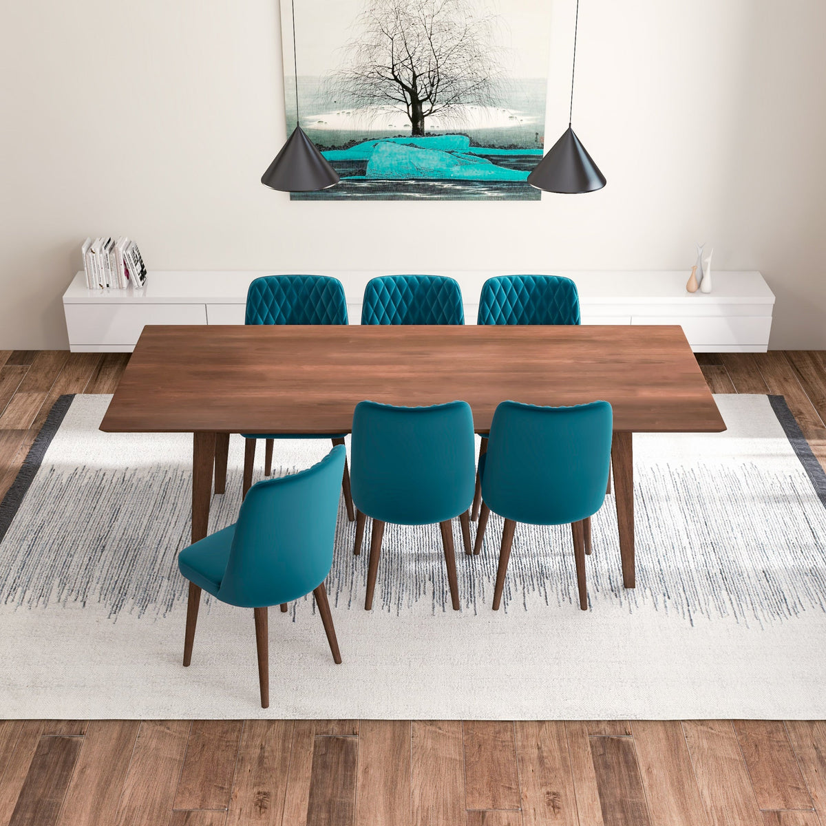 Adira (Xlarge - Walnut) Dining Set With 6 Evette (Teal Velvet) Dining Chairs