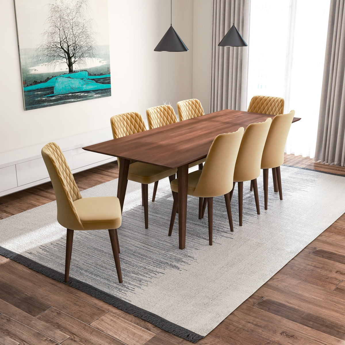 Adira (Xl - Walnut) Dining Set With 8 Evette (Gold Velvet) Dining Chairs