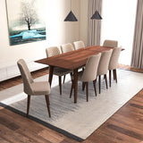 Adira (Xlarge - Walnut) Dining Set With 8 Evette (Beige Velvet) Dining Chairs