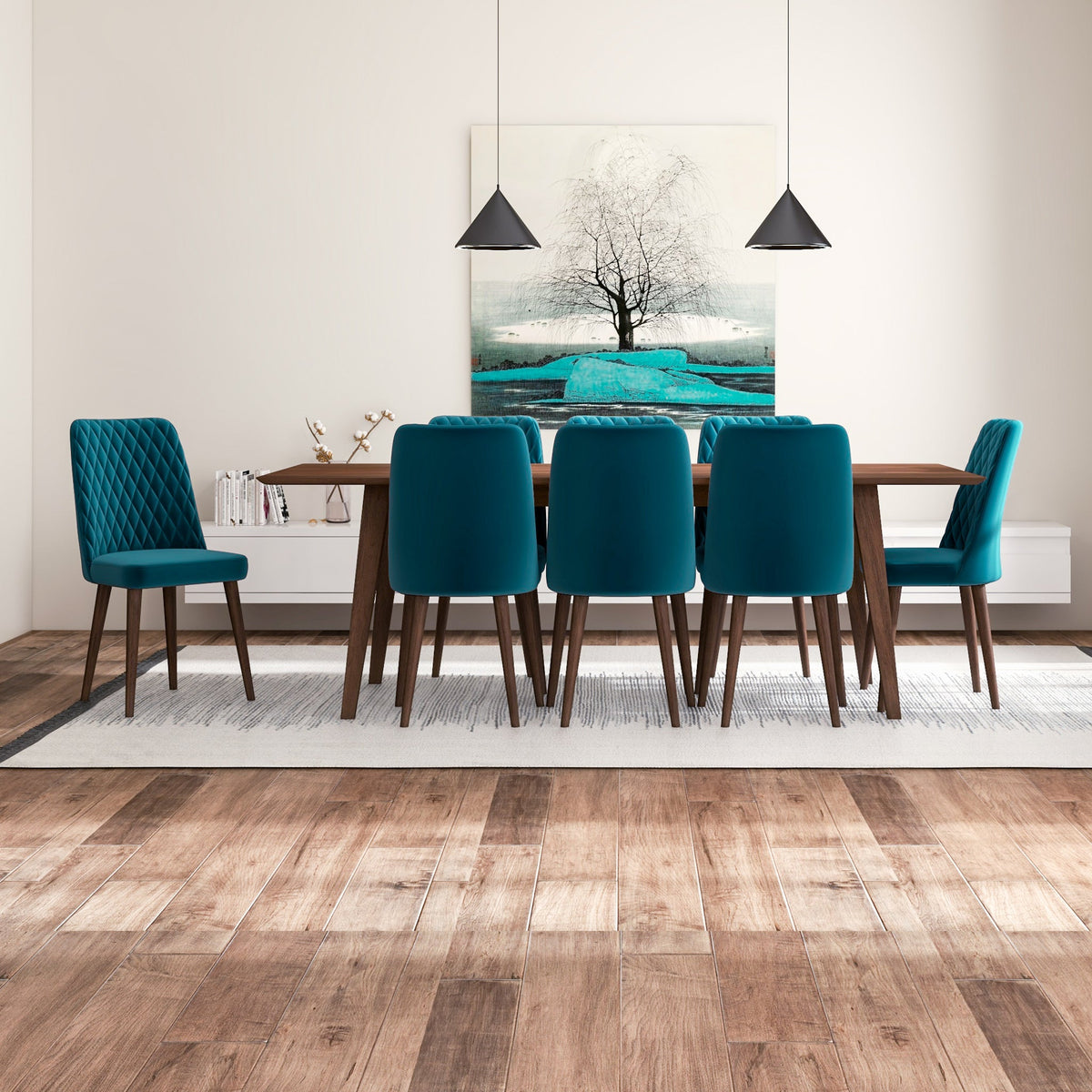 Adira (Xlarge - Walnut) Dining Set With 8 Evette (Teal Velvet) Dining Chairs