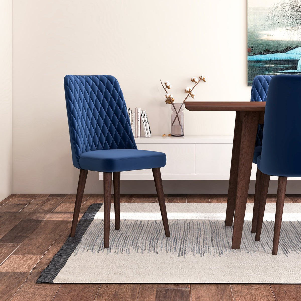 Adira (Xlarge - Walnut) Dining Set With 8 Evette (Blue Velvet) Dining Chairs