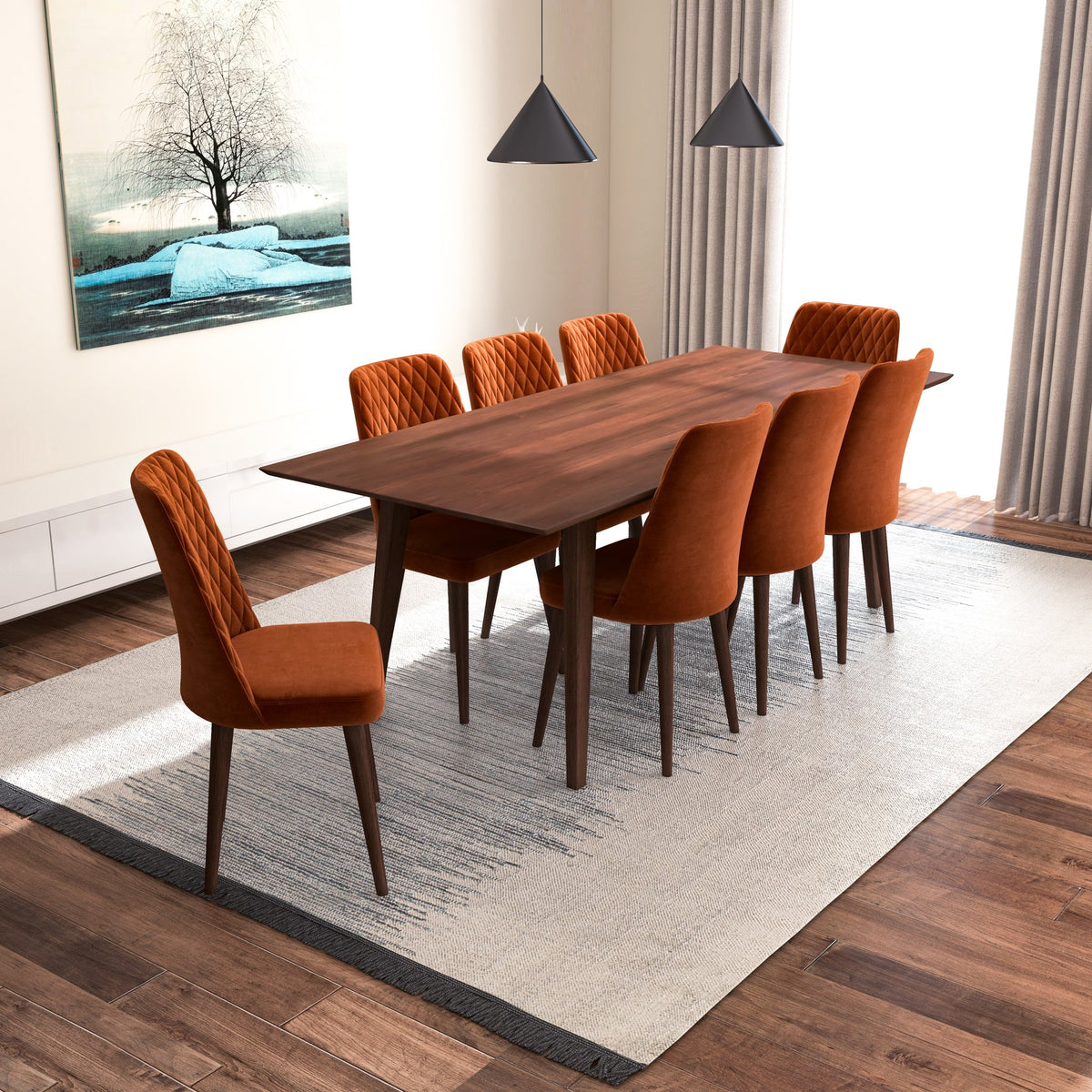 Adira (Xlarge - Walnut) Dining Set With 8 Evette (Burnt Orange Velvet) Dining Chairs