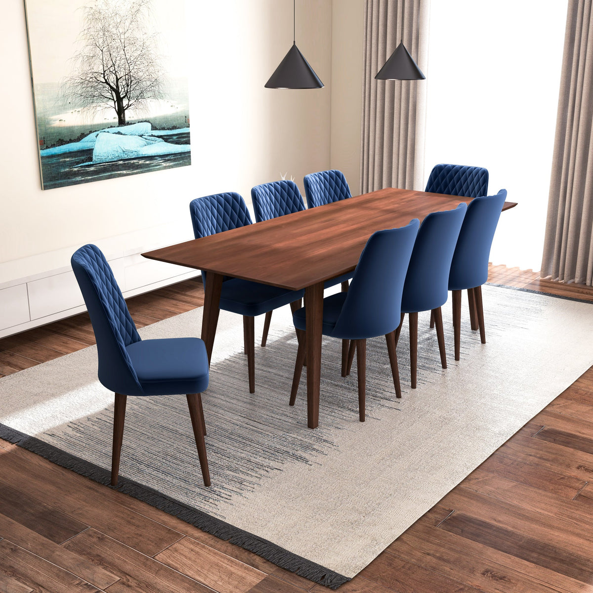 Adira (Xlarge - Walnut) Dining Set With 8 Evette (Blue Velvet) Dining Chairs