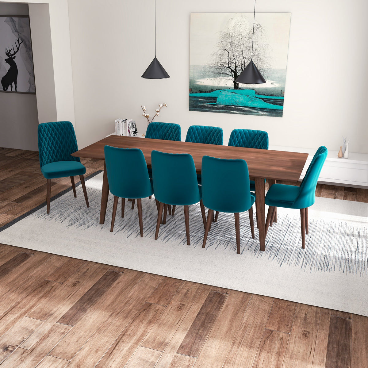 Adira (Xlarge - Walnut) Dining Set With 8 Evette (Teal Velvet) Dining Chairs