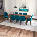 Adira (Xlarge - Walnut) Dining Set With 8 Evette (Teal Velvet) Dining Chairs