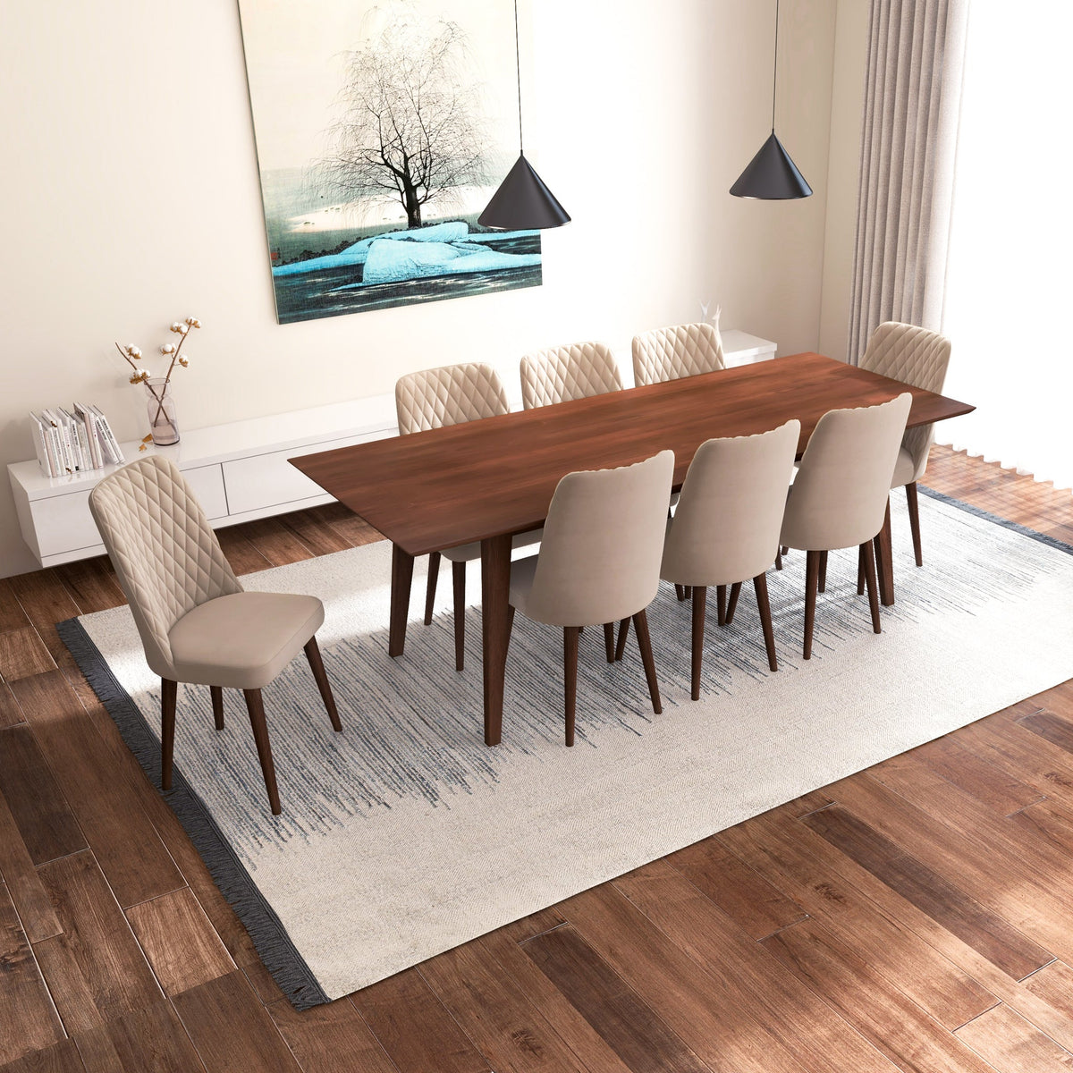 Adira (Xlarge - Walnut) Dining Set With 8 Evette (Beige Velvet) Dining Chairs