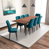 Adira (Xlarge - Walnut) Dining Set With 8 Evette (Teal Velvet) Dining Chairs