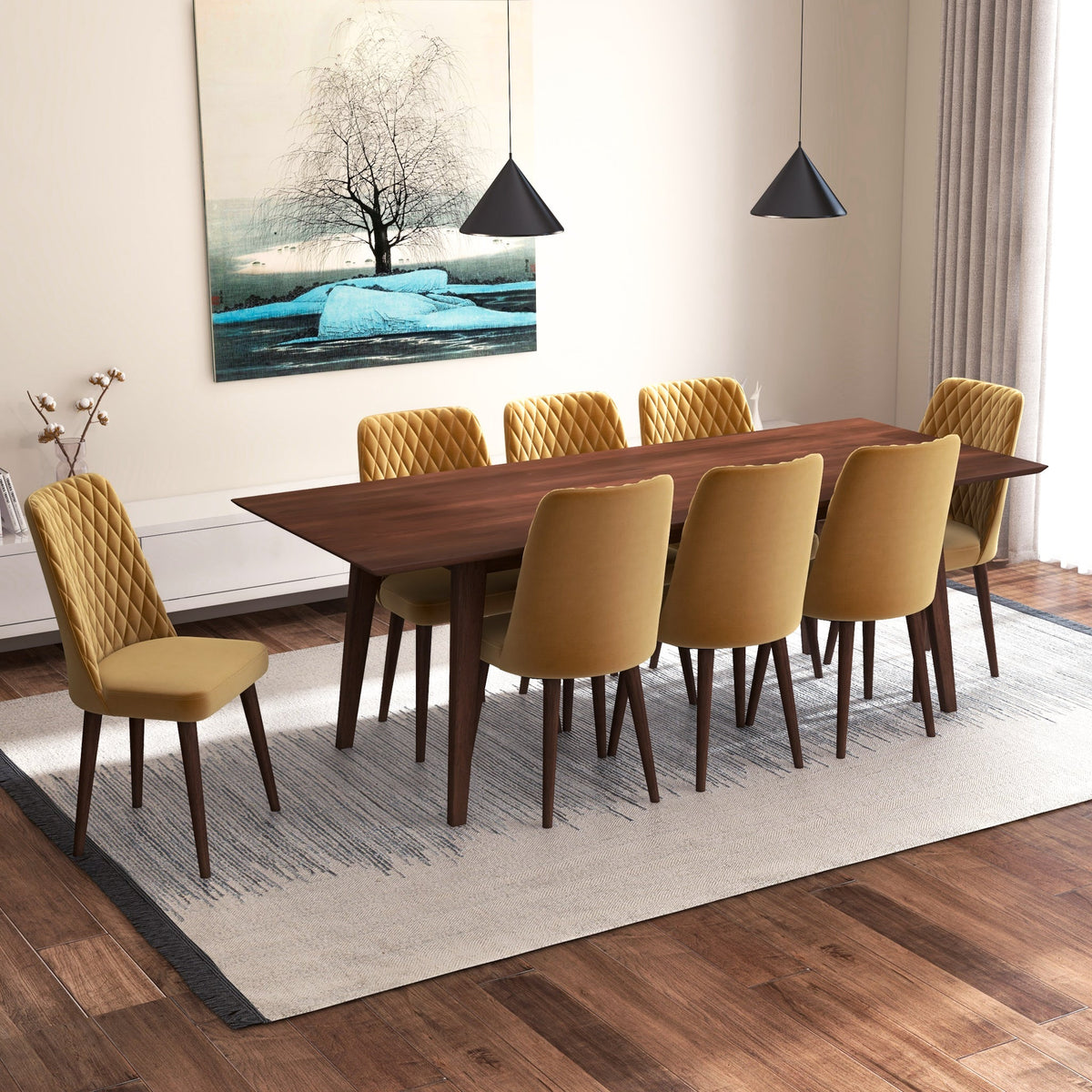 Adira (Xl - Walnut) Dining Set With 8 Evette (Gold Velvet) Dining Chairs