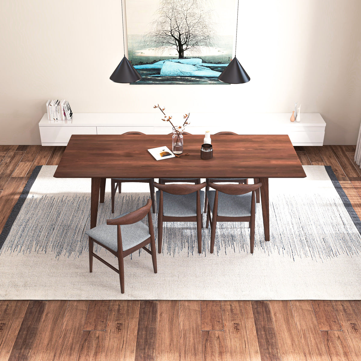 Dining Set, Adira Walnut Xlarge Table With 6 Winston Grey Chairs