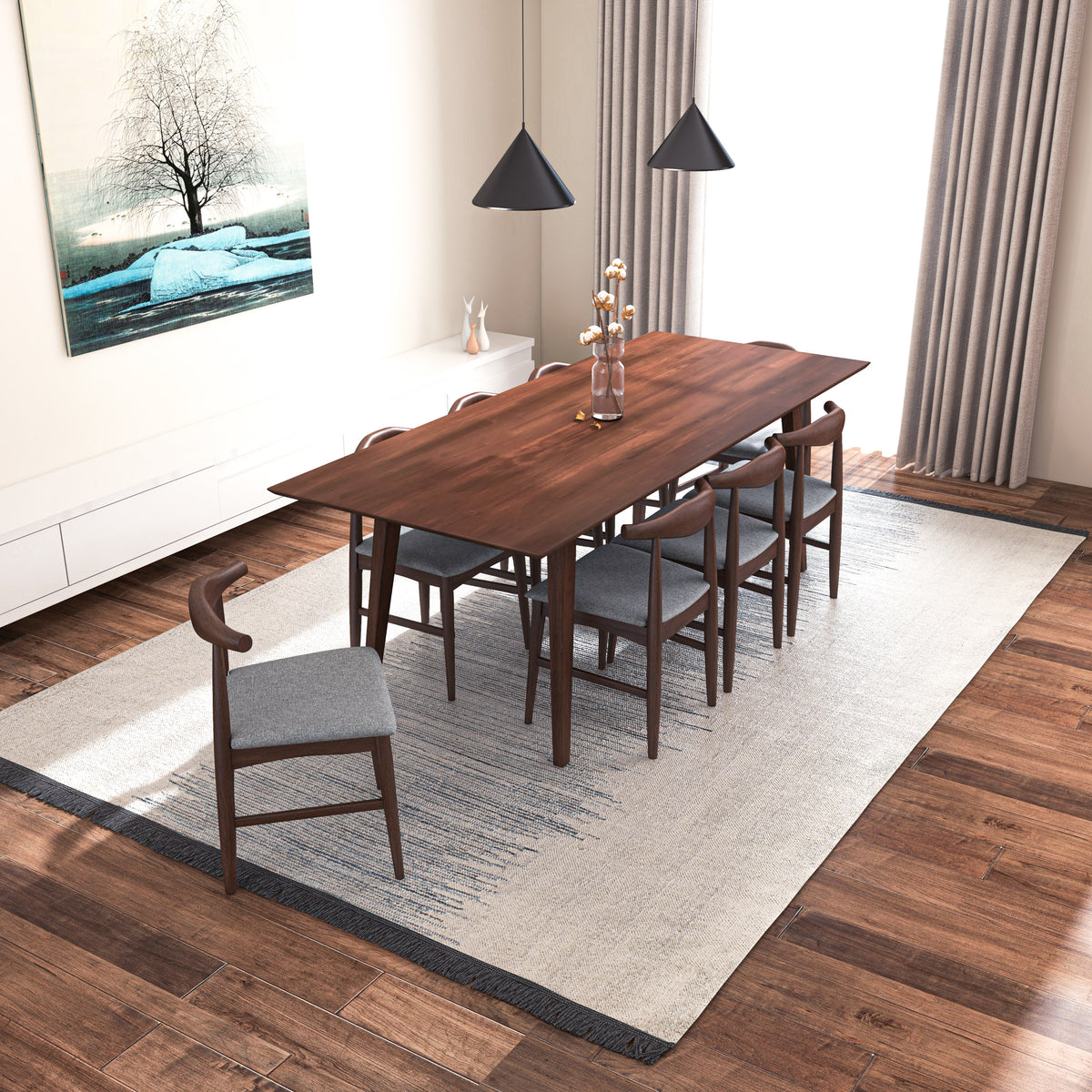 Dining Set, Adira Xlarge Walnut Table With 8 Winston Grey Chairs