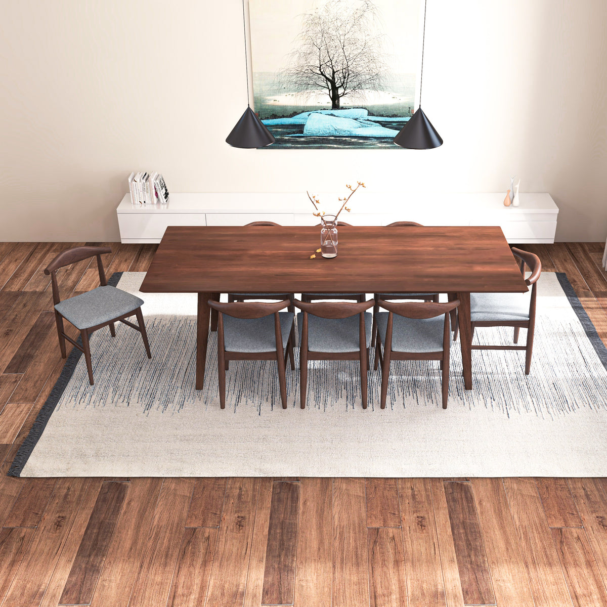 Dining Set, Adira Xlarge Walnut Table With 8 Winston Grey Chairs