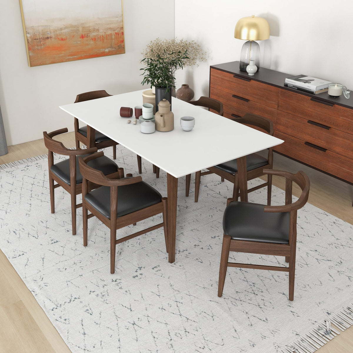 Dining Set, Alpine Large White Table With 6 Zola Black Leather Chairs