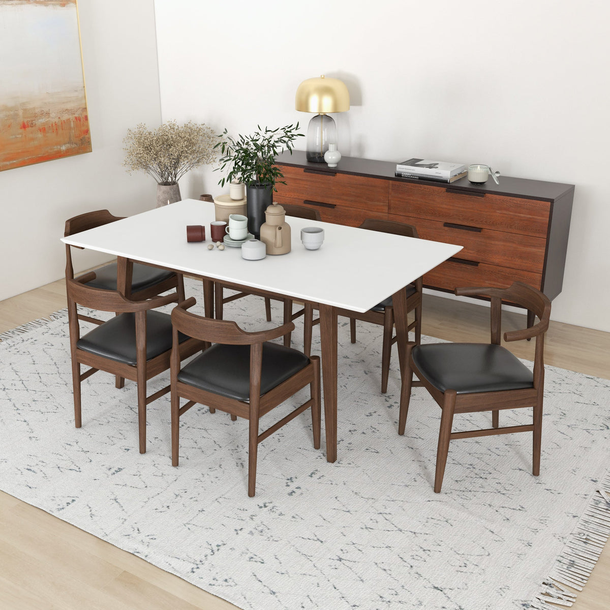 Dining Set, Alpine Large White Table With 6 Zola Black Leather Chairs