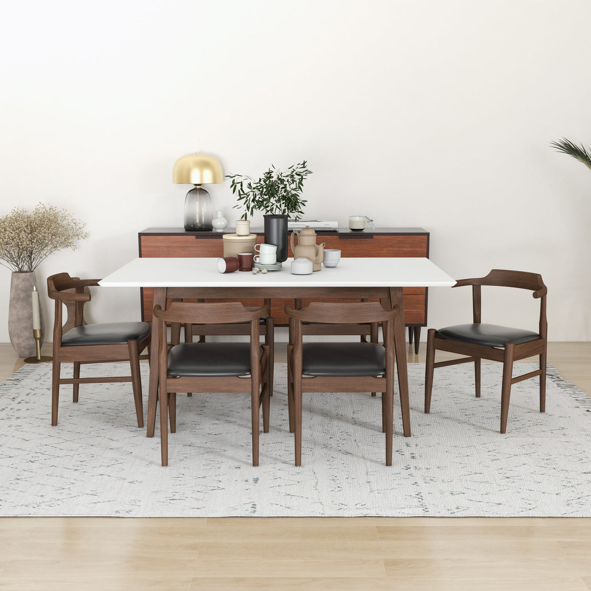 Dining Set, Alpine Large White Table With 6 Zola Black Leather Chairs