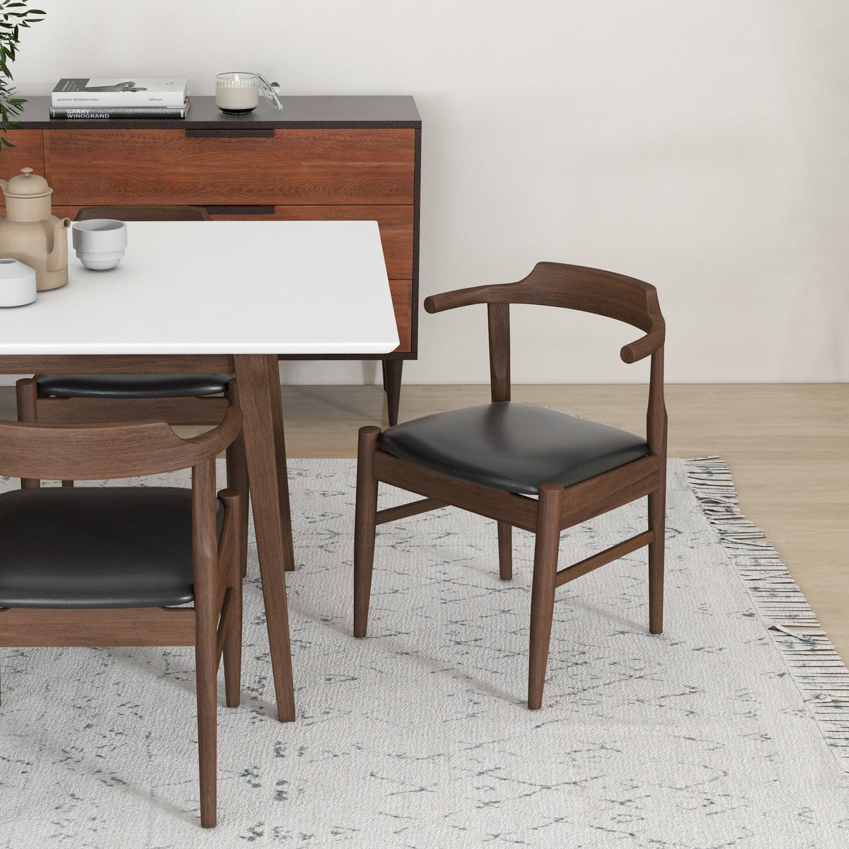 Dining Set, Alpine Large White Table With 6 Zola Black Leather Chairs