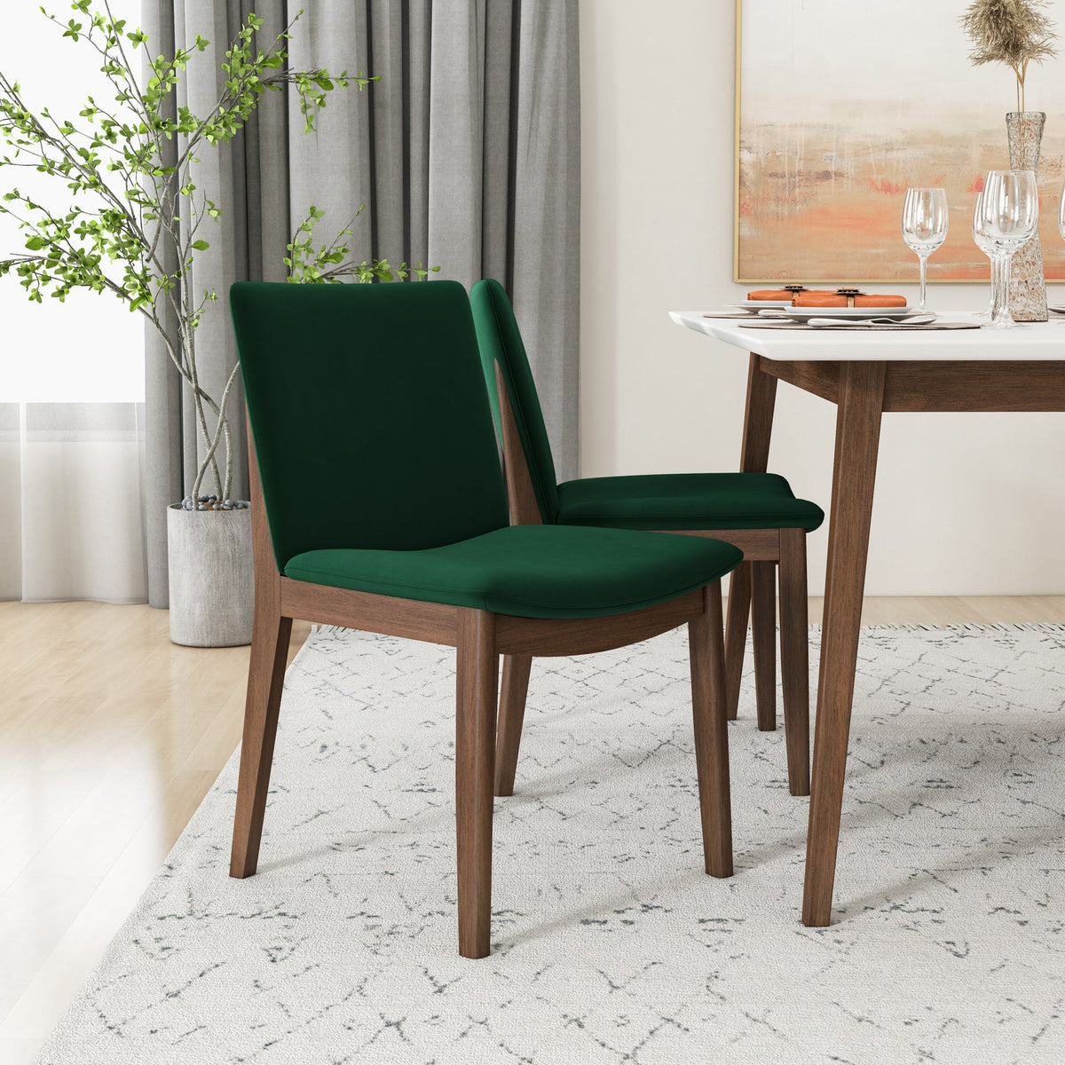 Alpine (Large - White) Dining Set With 4 Virginia (Green Velvet) Dining Chairs