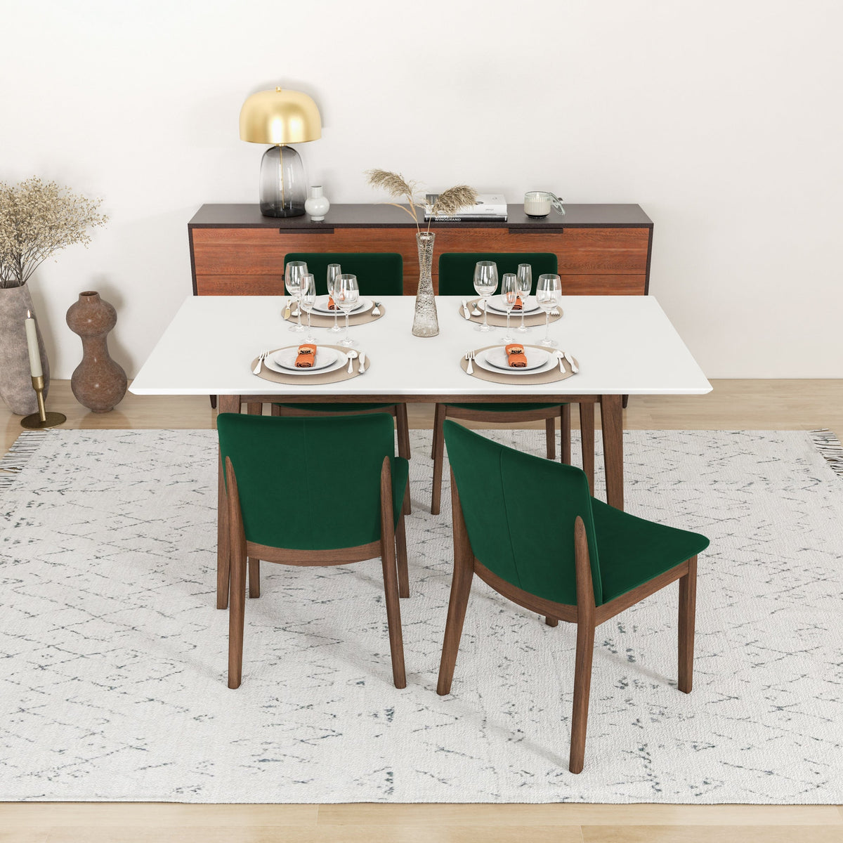 Alpine (Large - White) Dining Set With 4 Virginia (Green Velvet) Dining Chairs