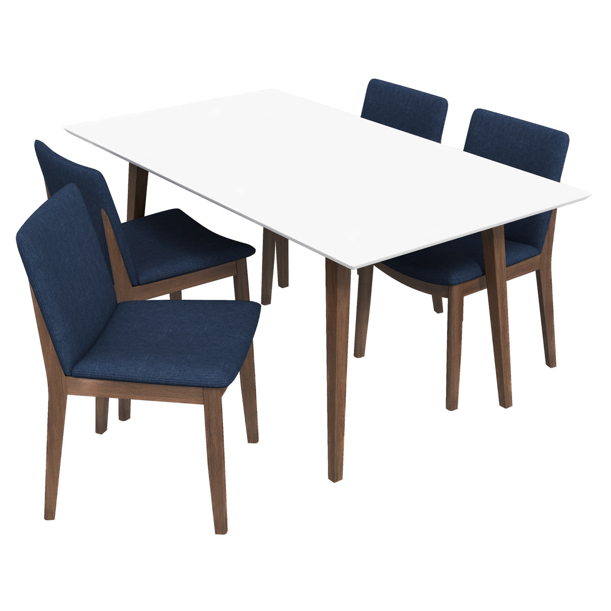 Dining Set, Alpine Large White Table With 4 Virginia Dark Blue Chairs