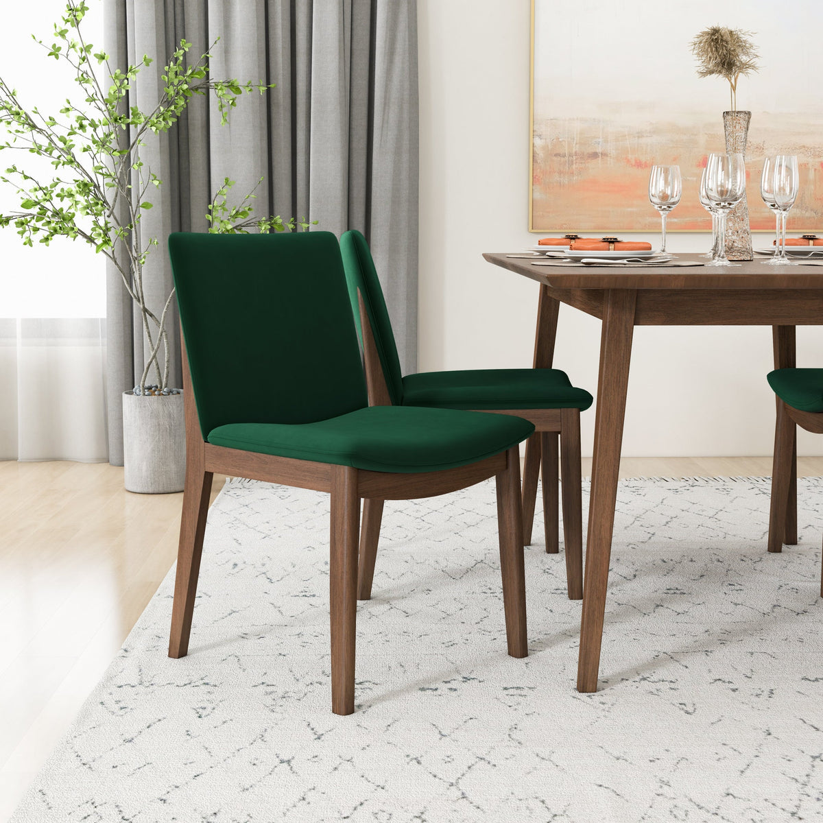 Alpine (Large - Walnut) Dining Set With 4 Virginia (Green Velvet) Dining Chairs