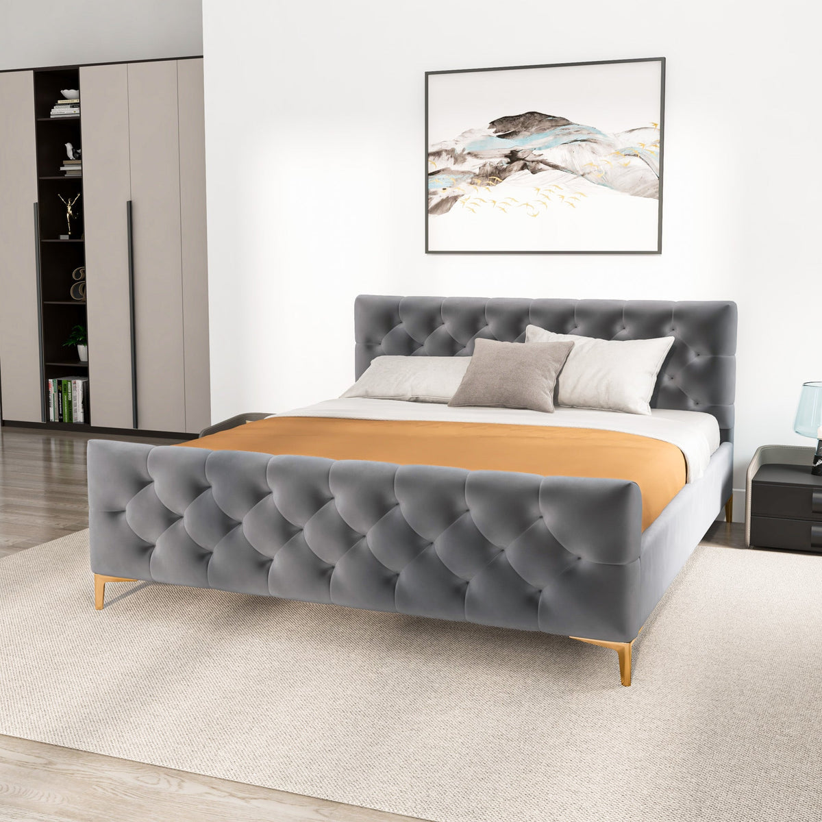 Beverly Platform Bed (King - Dark Grey Velvet)