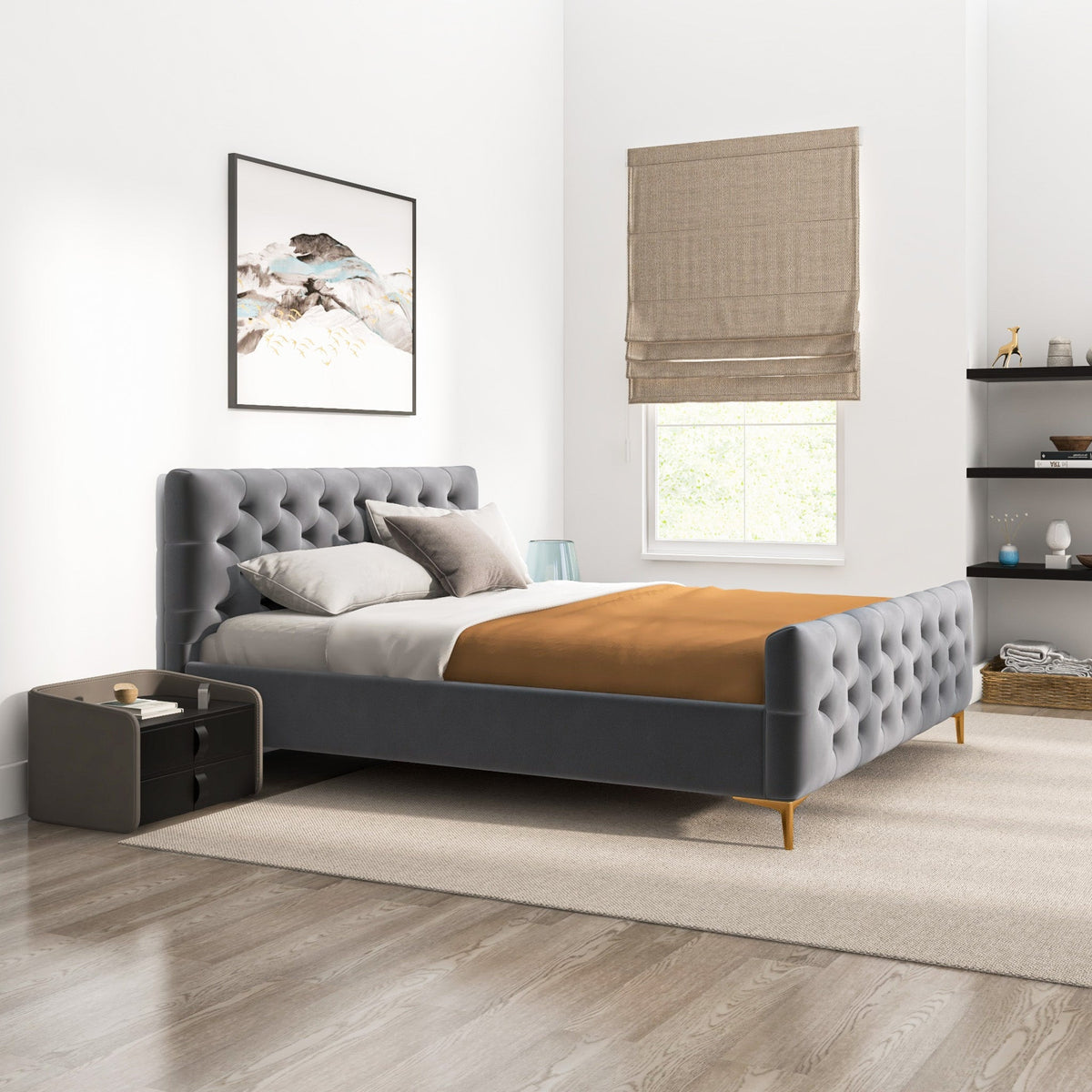 Beverly Platform Bed (King - Dark Grey Velvet)