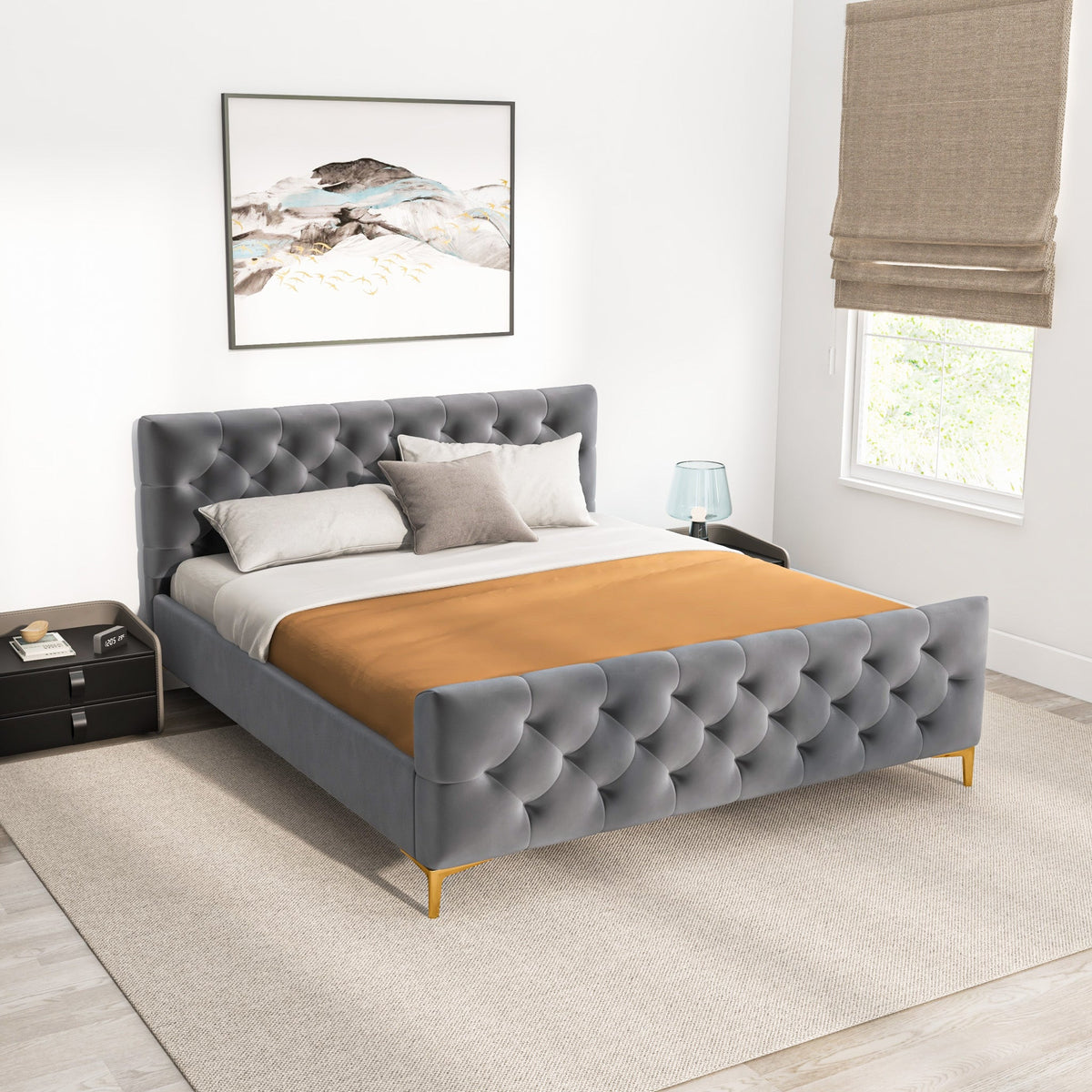 Beverly Platform Bed (King - Dark Grey Velvet)