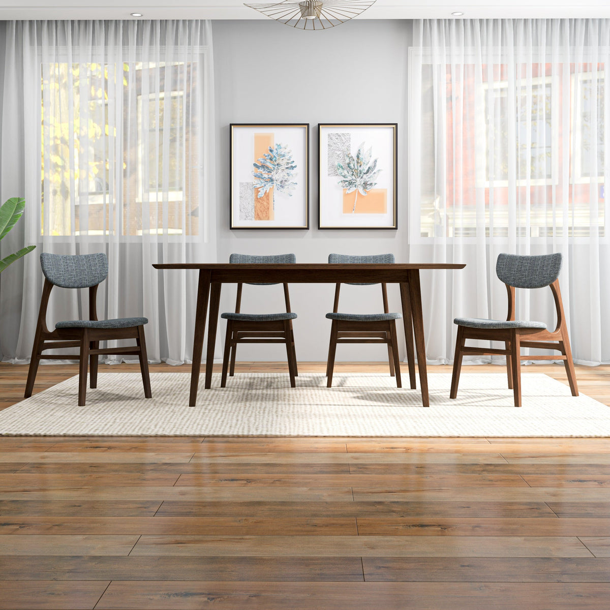 Adira (Large - Walnut) Dining Set With 4 Collins (Grey) Dining Chairs