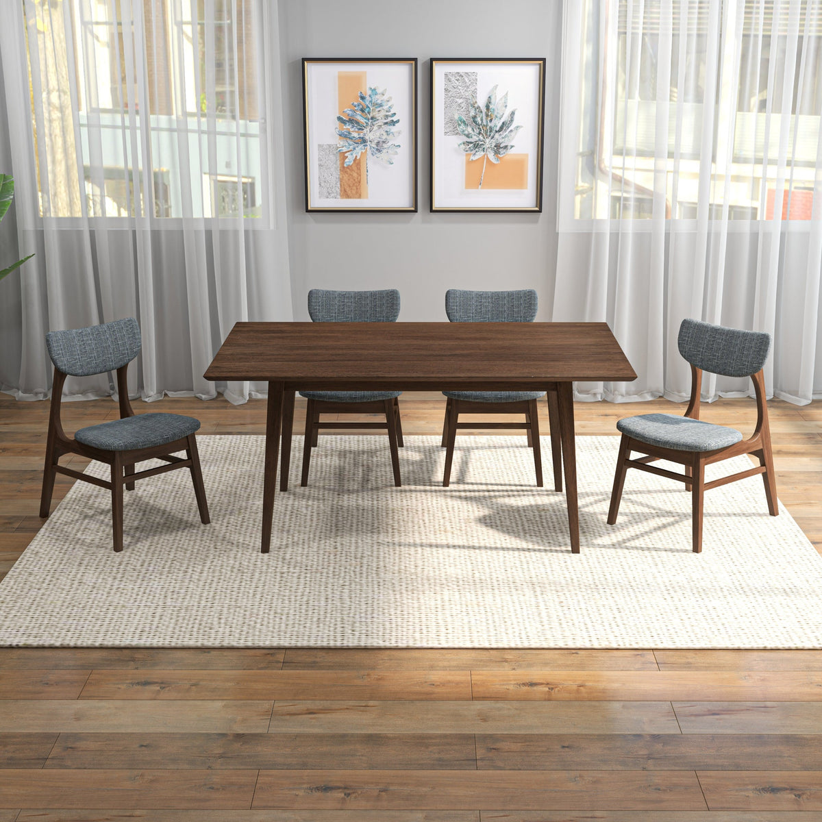 Adira (Large - Walnut) Dining Set With 4 Collins (Grey) Dining Chairs