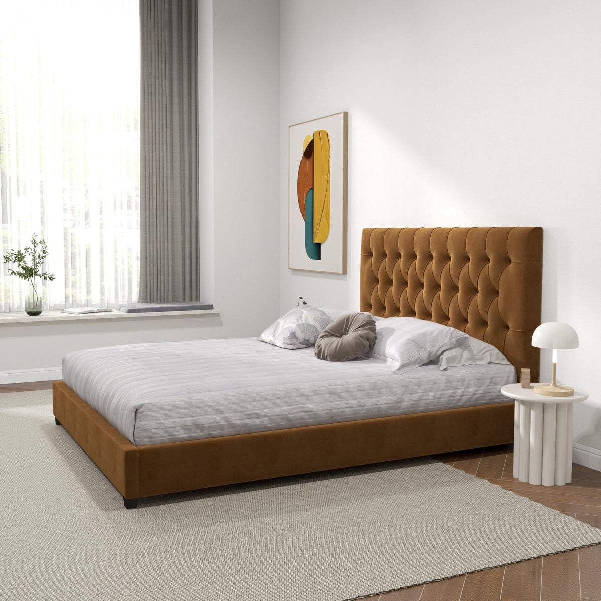 Eldridge Platform Bed (Queen - Cognac Velvet)