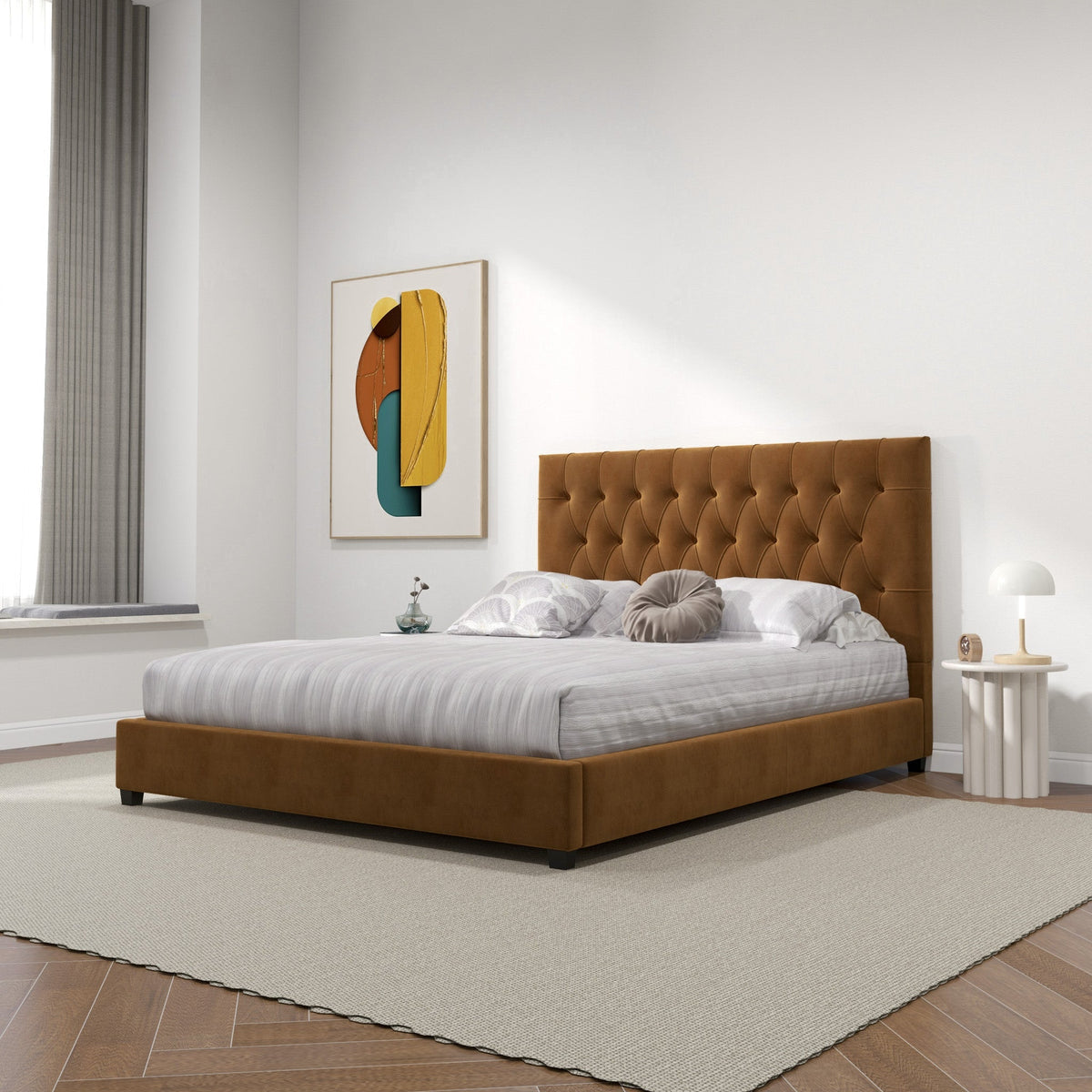 Eldridge Platform Bed (Queen - Cognac Velvet)