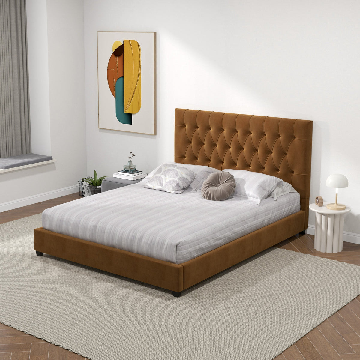 Eldridge Platform Bed (Queen - Cognac Velvet)