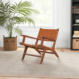 Lento Tan Strap Leather Teak Wood Lounge Chair