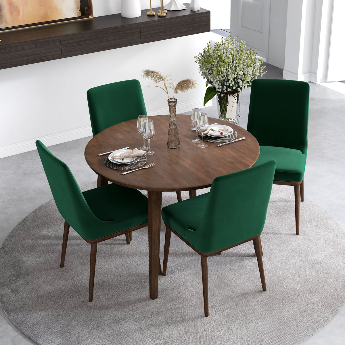 Palmer (Walnut) Dining Set With 4 Brighton (Green Velvet) Dining Chairs