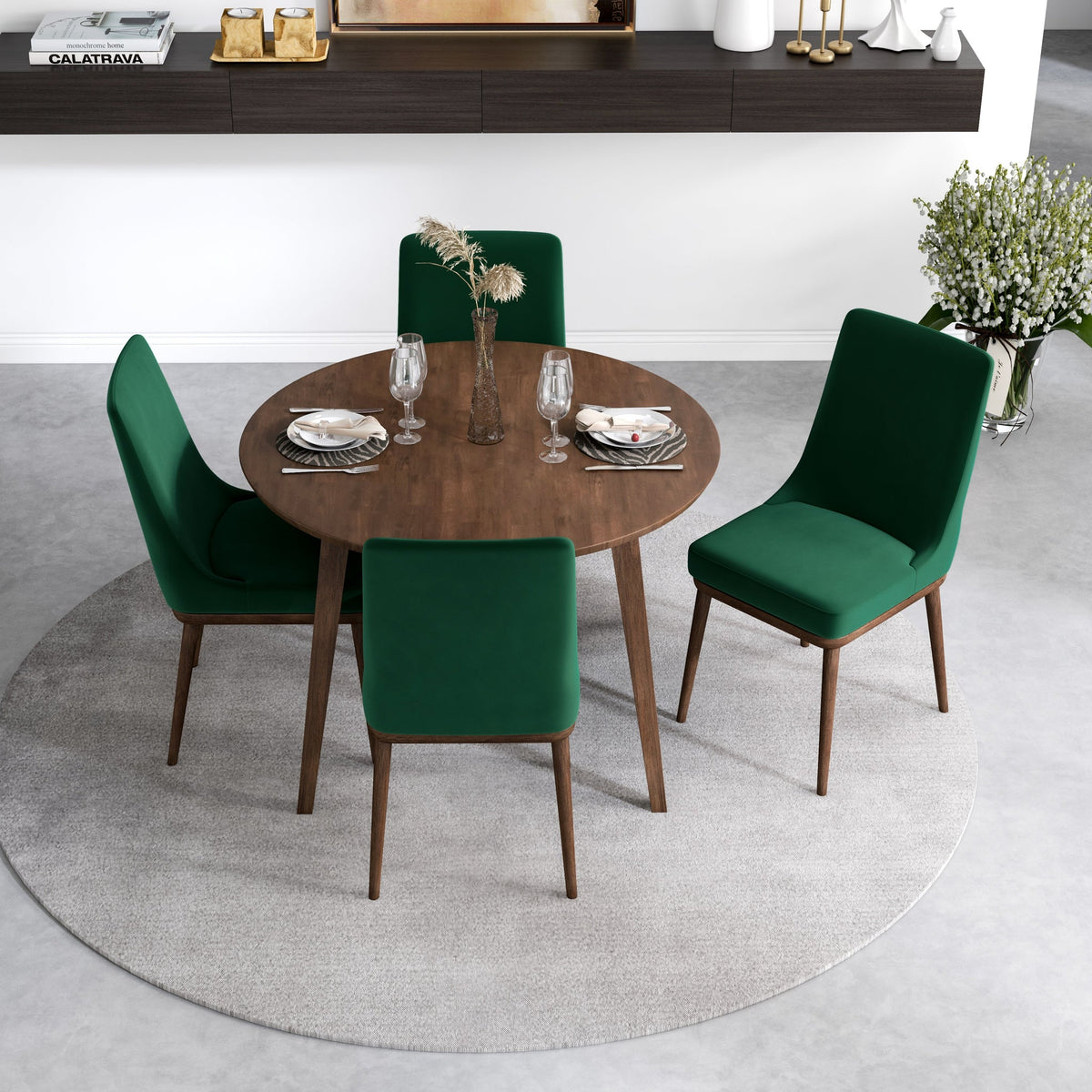 Palmer (Walnut) Dining Set With 4 Brighton (Green Velvet) Dining Chairs