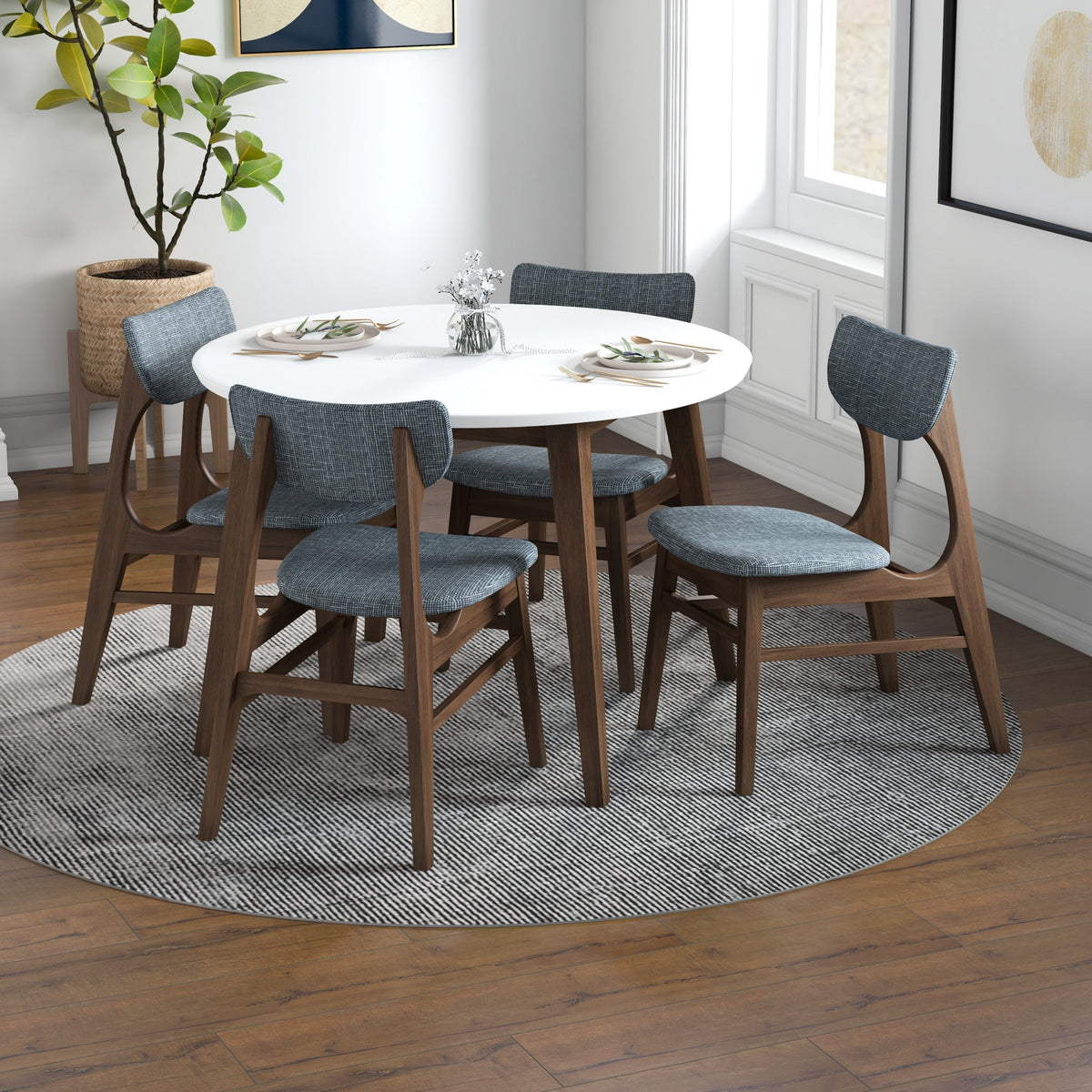 Palmer (White) Round Dining Set With 4 Collins (Grey) Dining Chairs