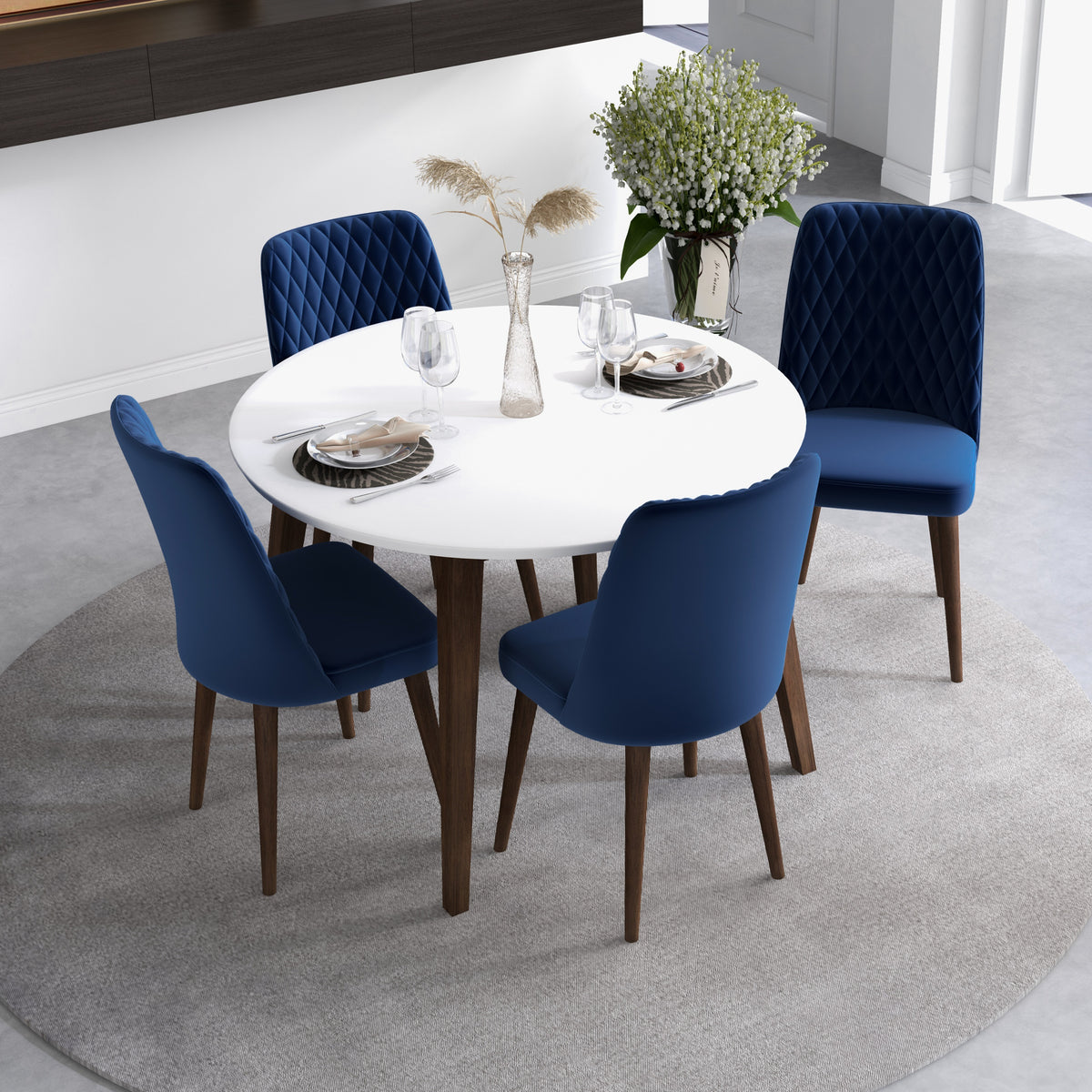 Dining Set, Palmer White Table With 4 Evette Blue Dining Chairs