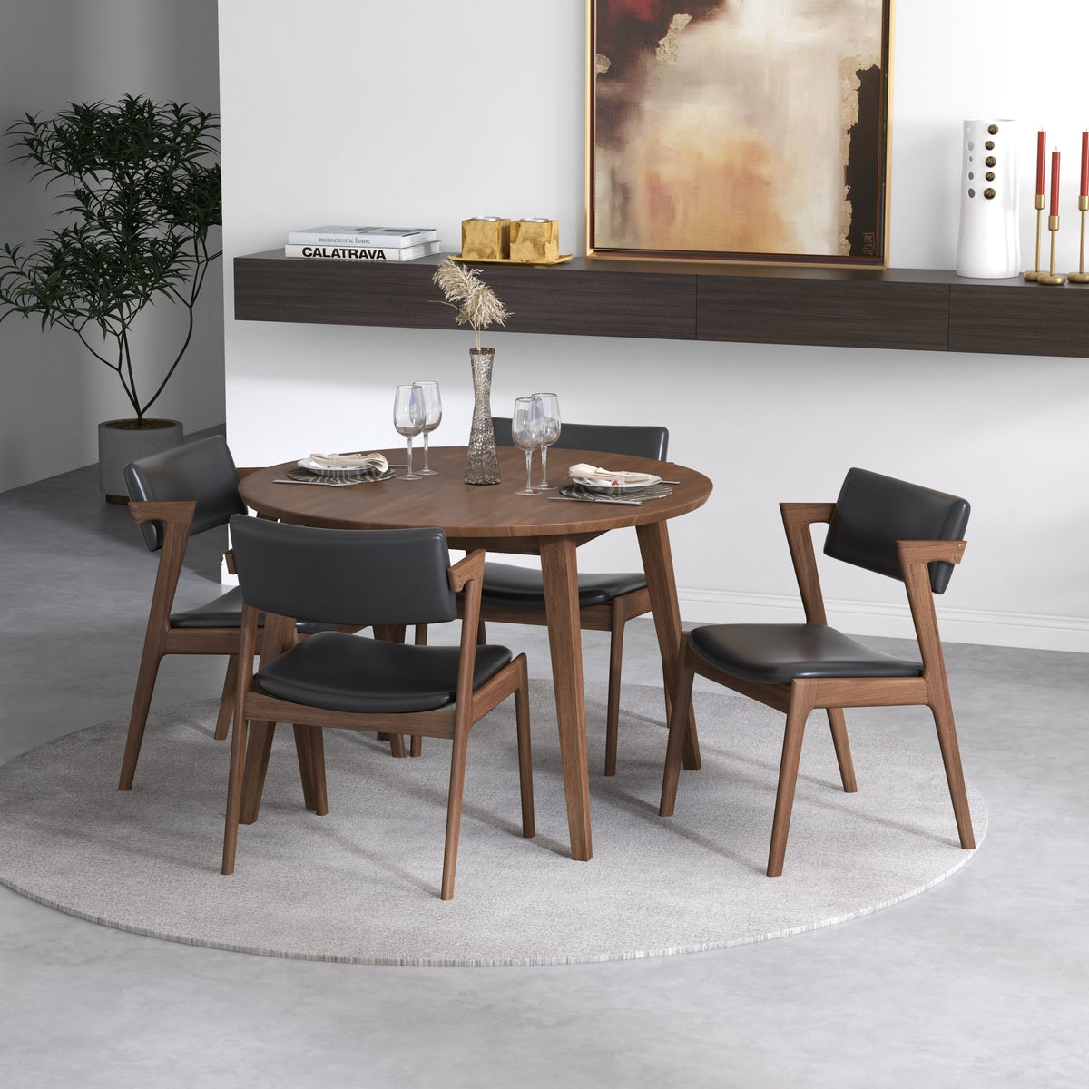 Palmer (Walnut) Dining Set With 4 Ricco Dining Chairs ( Black Leather)