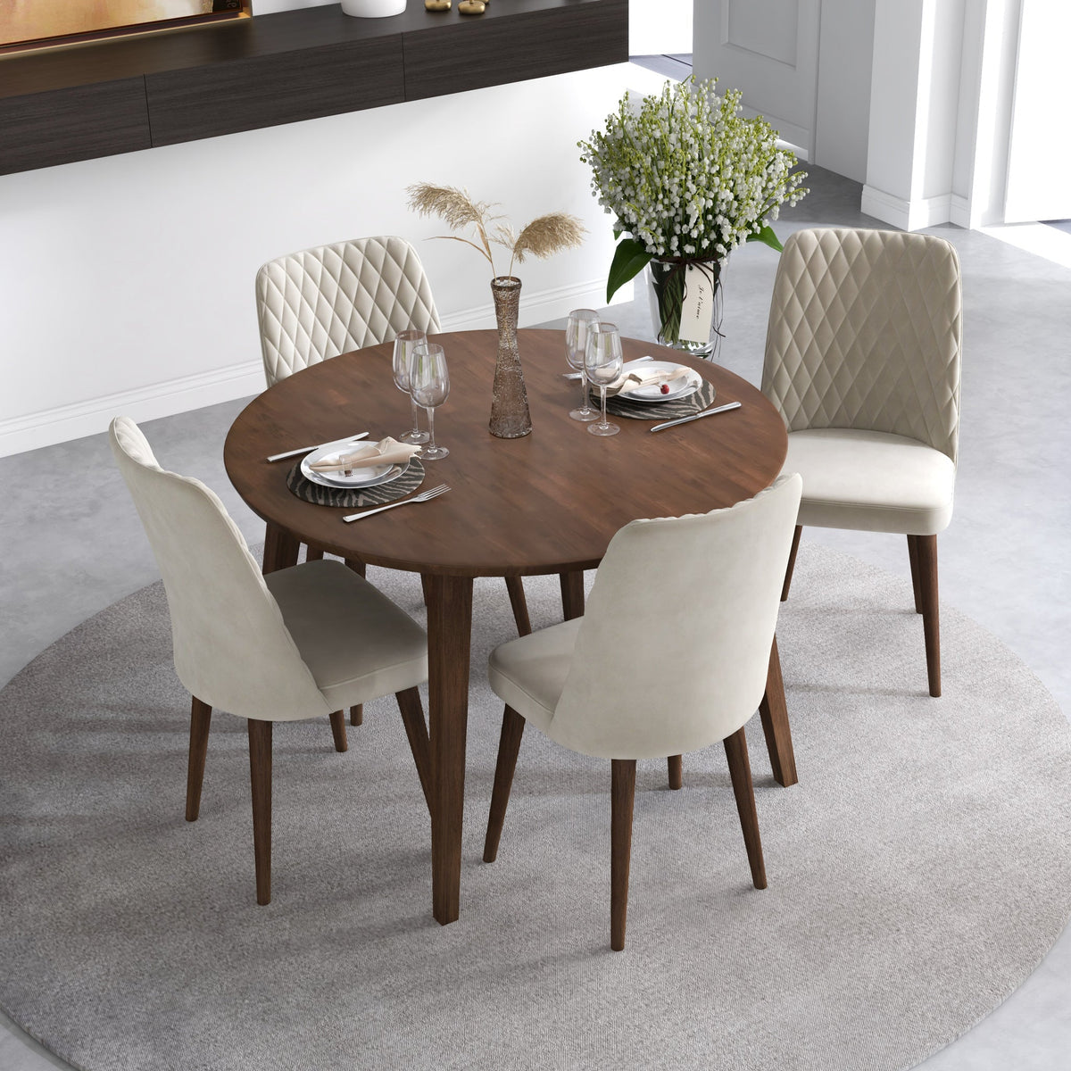 Palmer Dining Set With 4 Evette Beige Dining Chairs (Walnut)