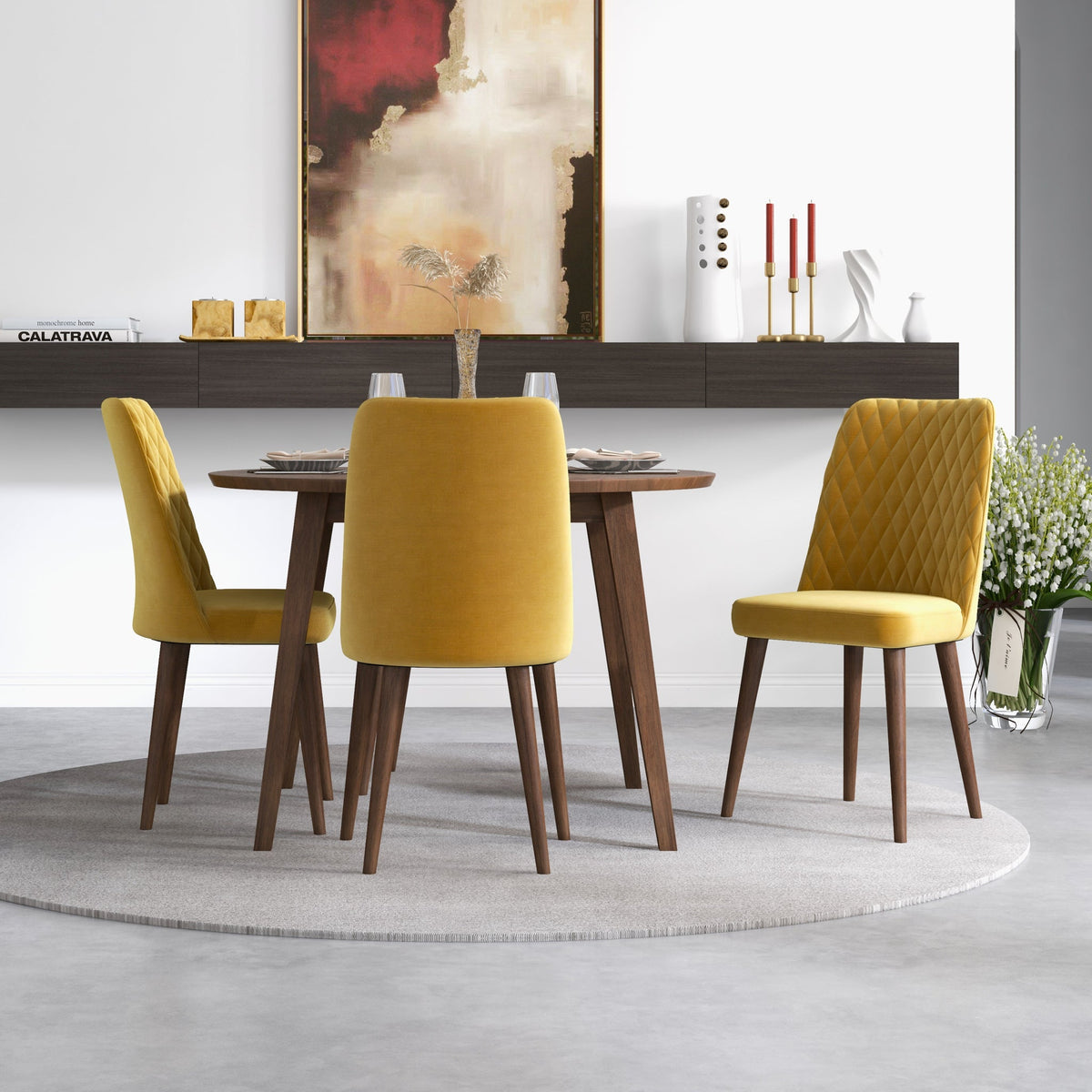 Palmer Dining Set With 4 Evette Gold Dining Chairs (Walnut)