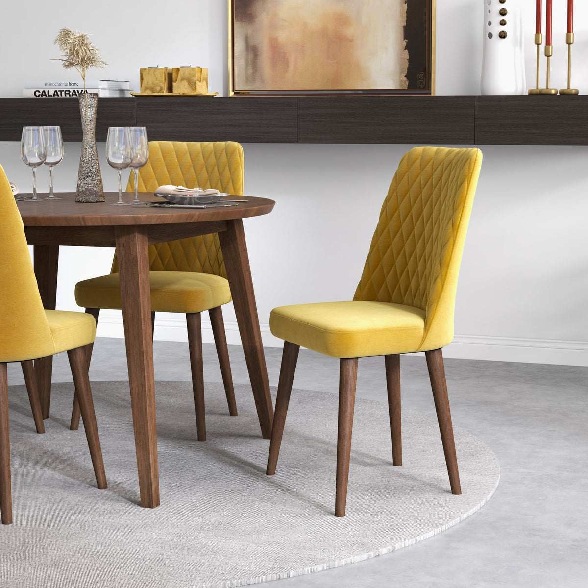 Palmer Dining Set With 4 Evette Gold Dining Chairs (Walnut)