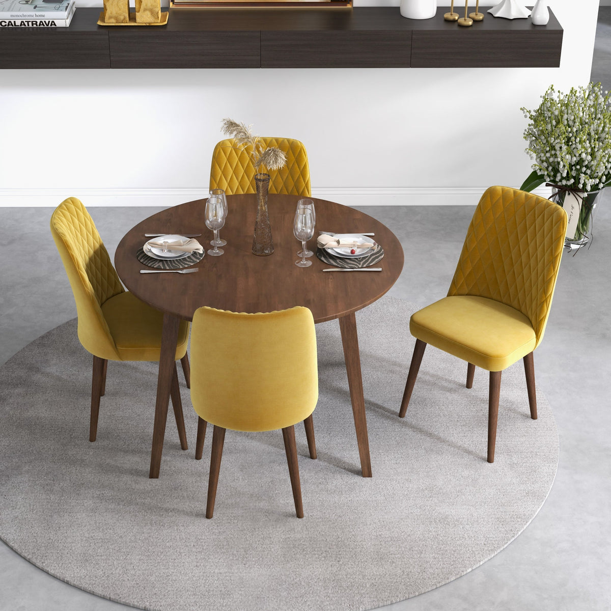 Palmer Dining Set With 4 Evette Gold Dining Chairs (Walnut)