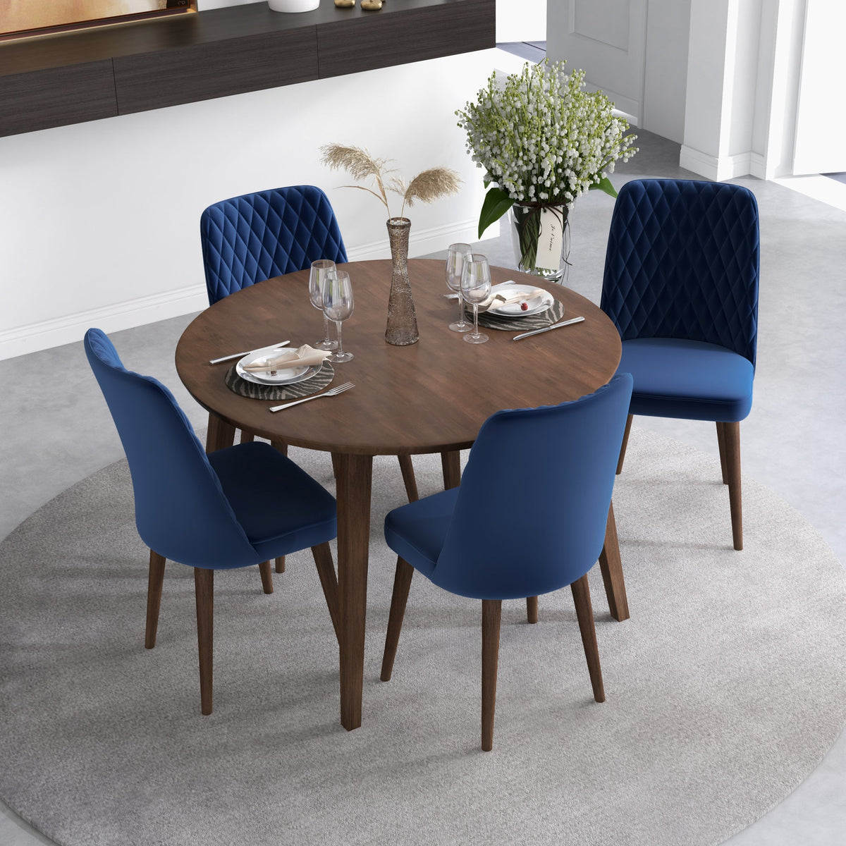 Palmer Dining Set With 4 Evette Blue Dining Chairs (Walnut)