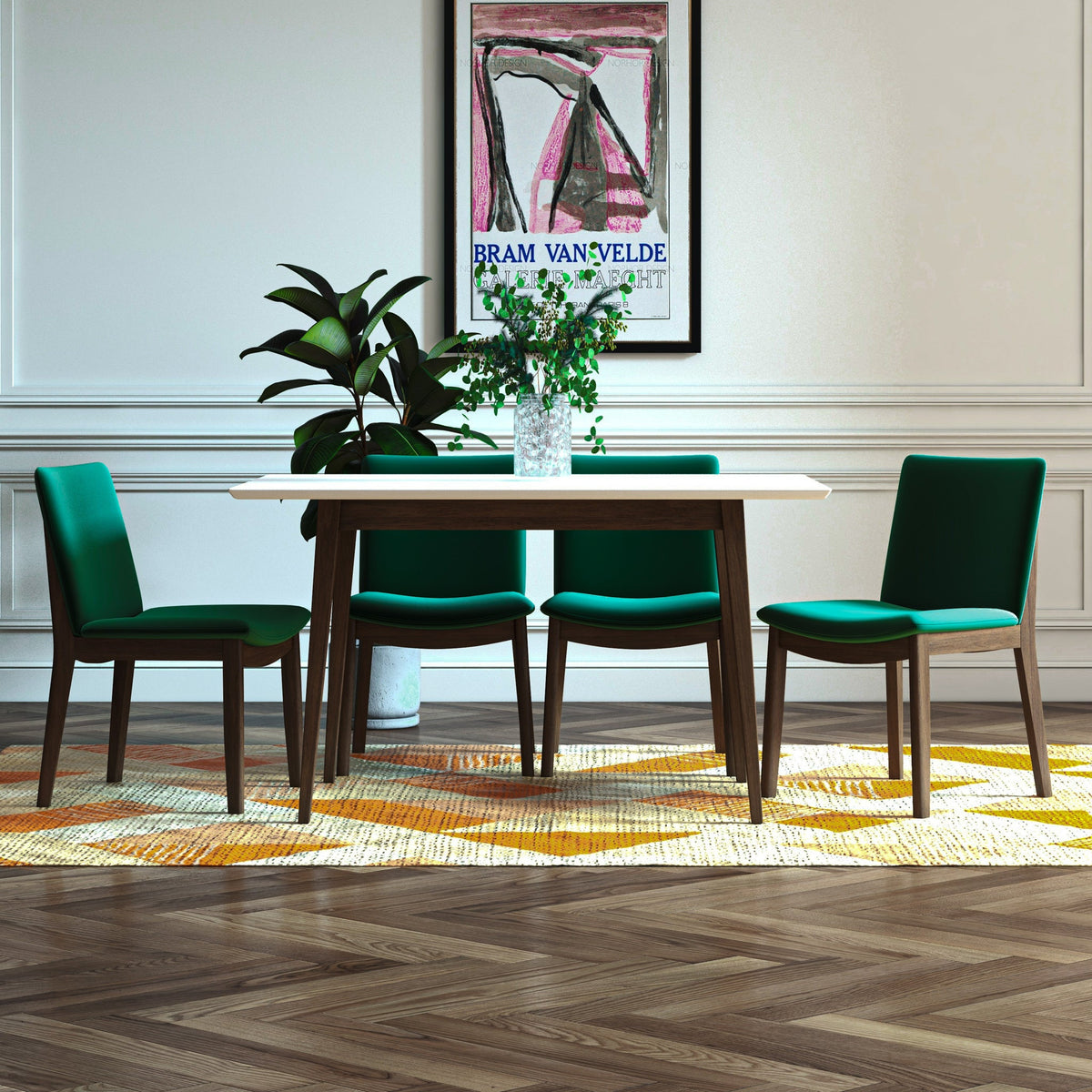 Adira (Small - White) Dining Set With 4 Virginia (Green Velvet) Dining Chairs