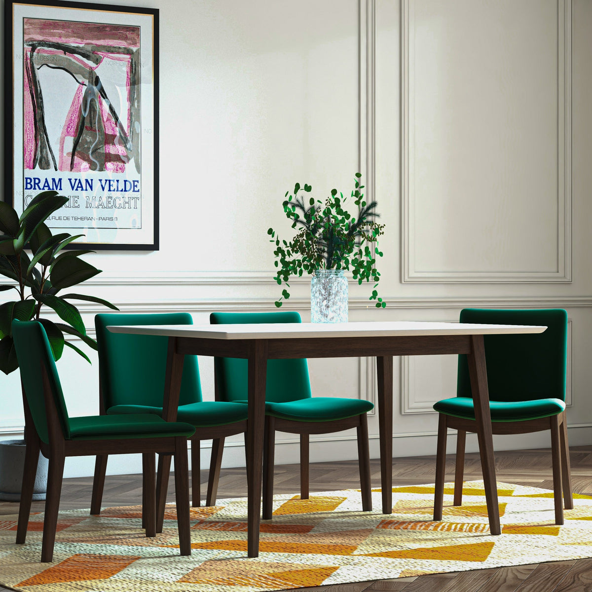 Adira (Small - White) Dining Set With 4 Virginia (Green Velvet) Dining Chairs